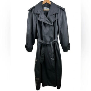 Aquascutum long trench coat, Large, black, belted, buttoned, Classic Windproof